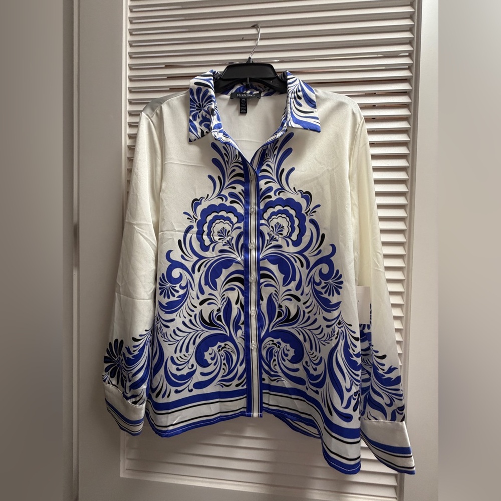 Ellen Tracy Blue Black White Print Top Blouse Ladies Large NWT